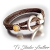 Leather Choker Necklace & Earrings Set - Brown Braided Leather with Turquoise and Pearl Flowers