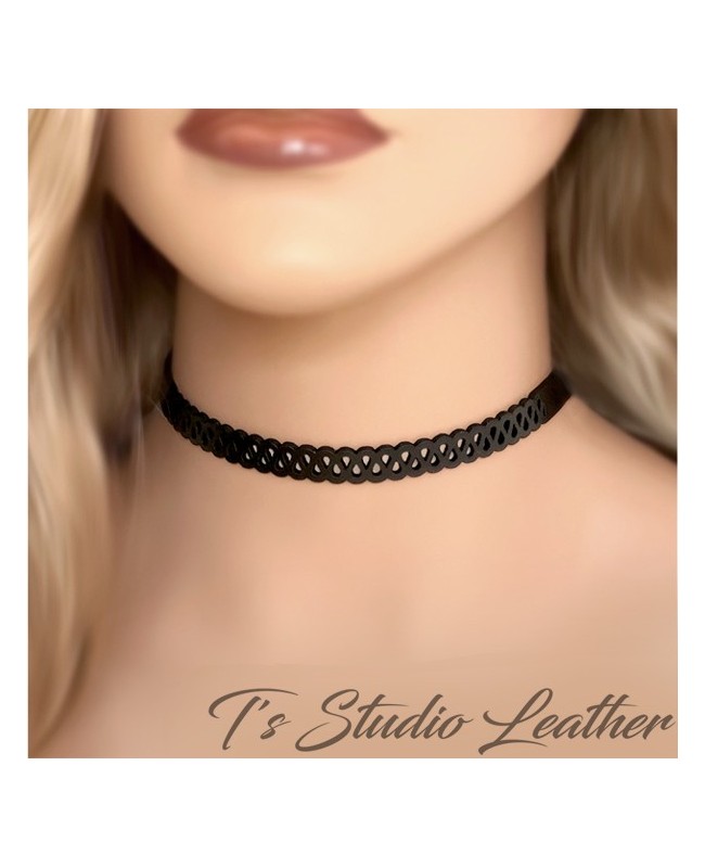 Black Laser Cut Leather Choker Necklace