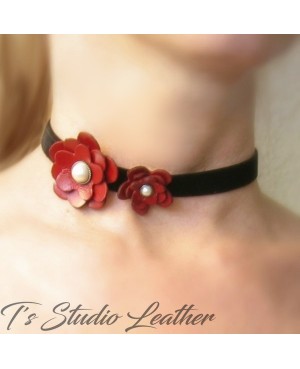 Red Leather Flower Choker Necklace - Black Velvet