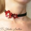 Red Leather Flower Choker Necklace - Black Velvet