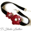 Red Leather Flower Choker Necklace - Black Velvet