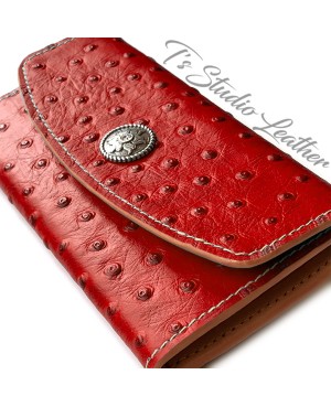 Red Ostrich Embossed Leather Tri Fold Wallet