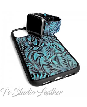 Western Style Black and Turquoise Leather Phone Case with matching Apple Watch band