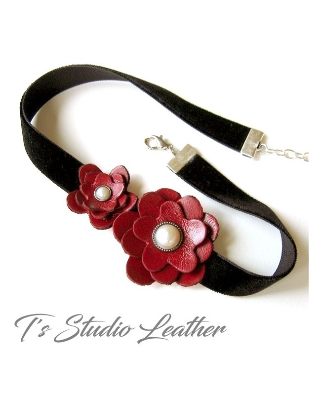Red Leather Flower Choker Necklace - Black Velvet