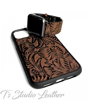 Western Style Brown and Black Leather Phone Case with matching Apple Watch band