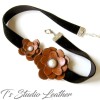 Red Leather Flower Choker Necklace - Black Velvet