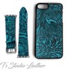 Western Style Black and Turquoise Leather Apple Watch band and matching phone case