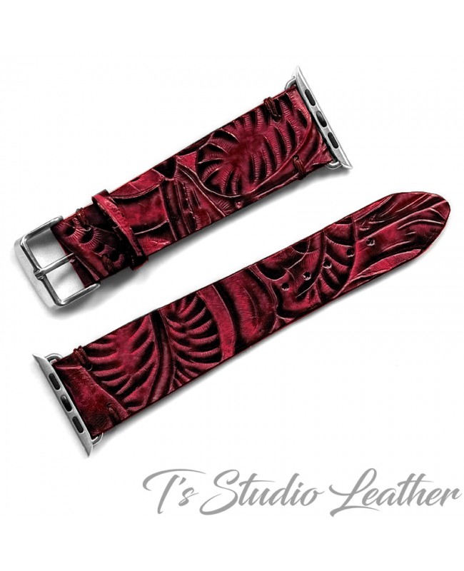 Western Style Black and Burgundy Leather Apple Watch band