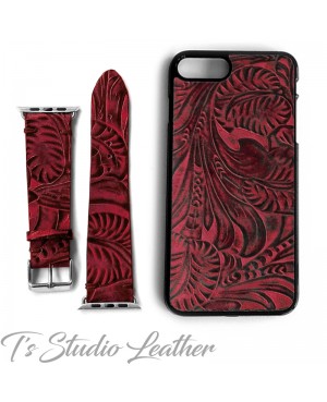 Western Style Black and Burgundy Leather Apple Watch band and matching phone case