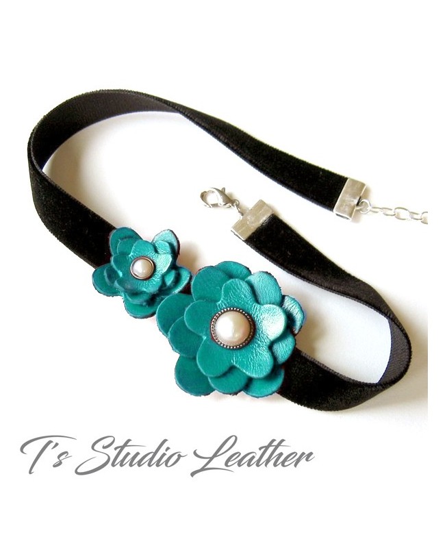 Red Leather Flower Choker Necklace - Black Velvet