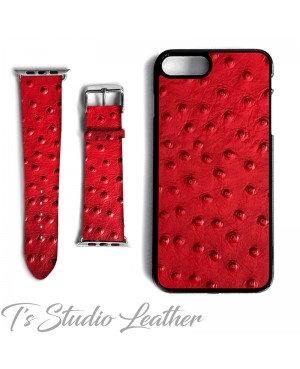 Red Leather Ostrich Print - Genuine Leather Watch Band and Matching phone case