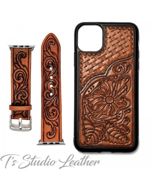 Western Style Hand Tooled Leather Apple Watch band and matching phone case