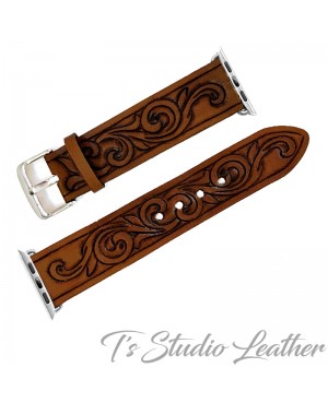 Western Style Hand Tooled Leather Apple Watch band in dark brown