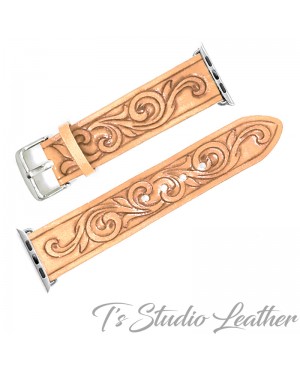 Western Style Hand Tooled Leather Apple Watch band in Natural Tan