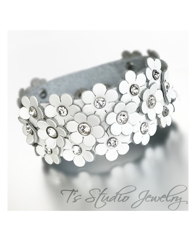 White Leather Flower Cuff Wristband Bracelet with Rhinestone Crystal Rivet Accents