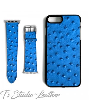 Blue Ostrich Print Leather Phone Case and Watch band