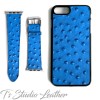 Blue Ostrich Print Leather Phone Case and Watch band