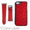 Red Leather Ostrich Print - Genuine Leather Watch Band and Matching phone case