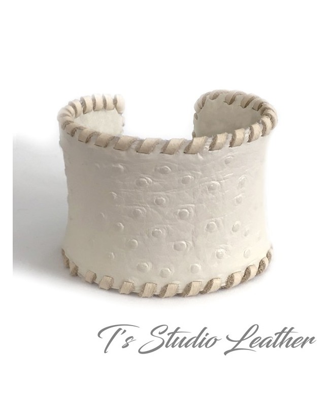 Leather Cuff Bracelet in Off-white Ostrich Print with Whipstitched Edge