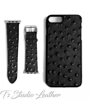 Black Leather Ostrich Print - Genuine Leather Watch Band and Matching phone case