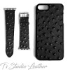 Black Leather Ostrich Print - Genuine Leather Watch Band and Matching phone case
