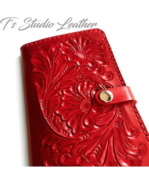 Red Hand Tooled Leather Phone Case - Western Style floral folio wallet style case