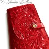 Red Hand Tooled Leather Phone Case - Western Style floral folio wallet style case