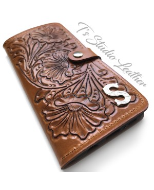 Western Style Hand Tooled Genuine Leather Floral Wallet Phone Case