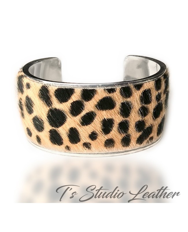 Leather Cuff Bracelet - Cheetah Print Hair-on Genuine Cowhide Leather in Silver Base