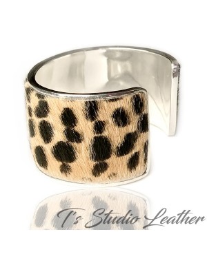 Leather Cuff Bracelet - Cheetah Print Hair-on Genuine Cowhide Leather in Silver Base