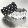 White Leather Flower Cuff Wristband Bracelet with Rhinestone Crystal Rivet Accents