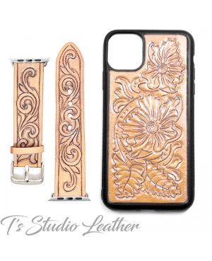 Western Style Hand Tooled Leather Phone Case and matching watch band, by Ts Studio Leather