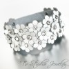 White Leather Flower Cuff Wristband Bracelet with Rhinestone Crystal Rivet Accents