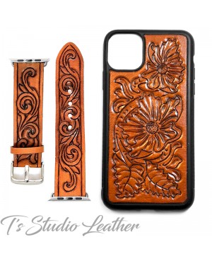 Western Style Hand Tooled Leather Phone Case and matching watch band, by Ts Studio Leather