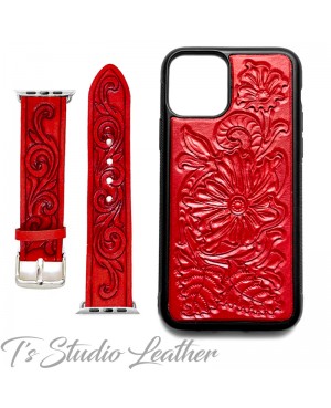 Western Style Hand Tooled Red Leather Phone Case and matching watch band, by Ts Studio Leather