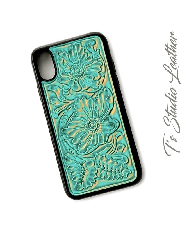 Western Style Hand Tooled Turquoise Leather Phone Case by Ts Studio Leather