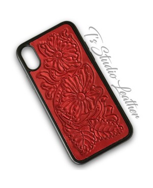Western Style Hand Tooled Red Leather Phone Case by Ts Studio Leather