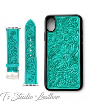Western Style Hand Tooled Turquoise Leather Phone Case and matching watch band, by Ts Studio Leather