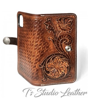 Ts Studio Leather Hand Tooled Phone Case - Tool Leather Western Style floral folio style case