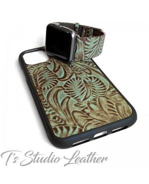 Western Turquoise Brown Leather Phone Case and matching watch band by Ts Studio Leather