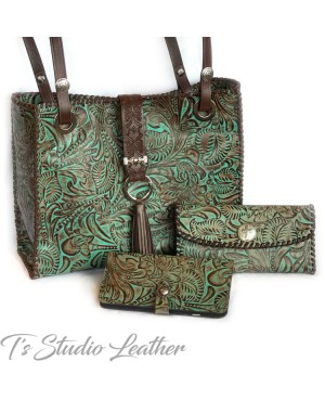 Western Turquoise Brown Leather Handbag, Wallet and Phone Case by Ts Studio Leather
