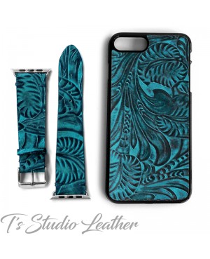 Western Turquoise and Black Leather Phone Case with matching watch band