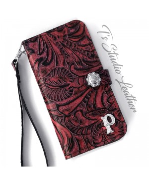 Ts Studio Leather Western Burgundy Floral Wallet Phone Case