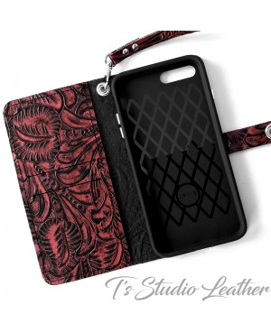 Ts Studio Leather Western Burgundy Floral Wallet Phone Case