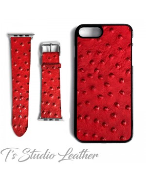 Red Ostrich Leather Phone Case and matching watch band - Genuine Cowhide Leather