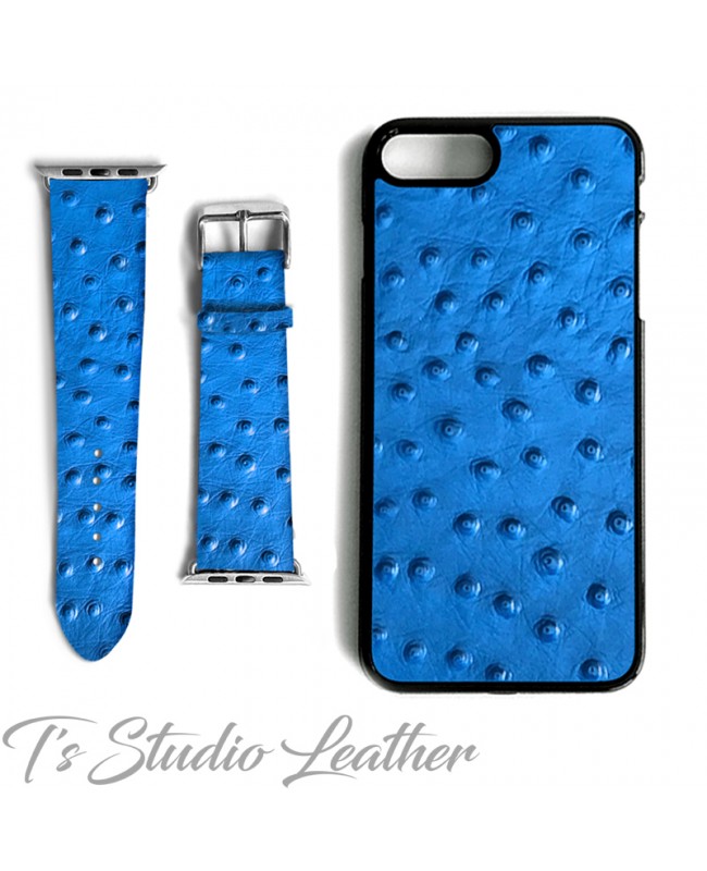 Blue Ostrich Emu Embossed Texture Genuine Leather Phone Case