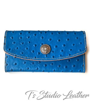 Blue Ostrich Leather Wallet - Genuine Cowhide Leather