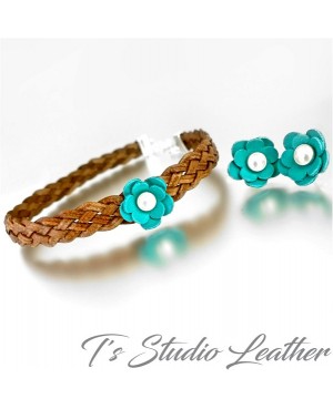 Leather Wristband Bracelet - Brown Braided Leather with Turquoise and Pearl Flower Accent