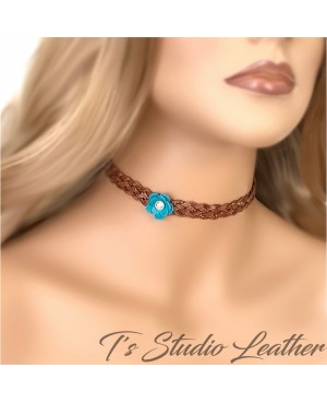 Leather Wristband Bracelet - Brown Braided Leather with Turquoise and Pearl Flower Accent