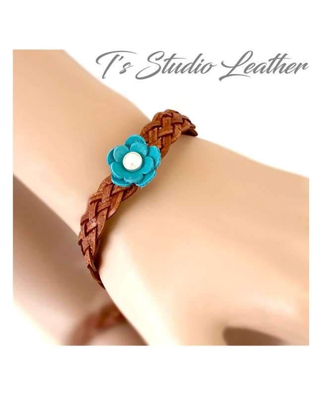 Leather Wristband Bracelet - Brown Braided Leather with Turquoise and Pearl Flower Accent